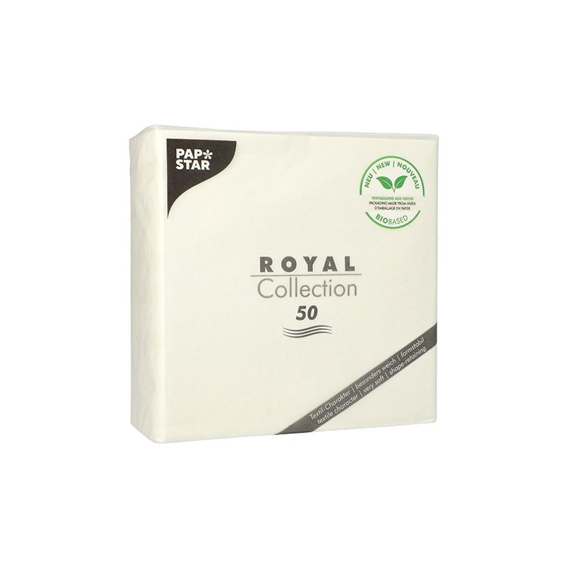 A pack of PAPSTAR "ROYAL Collection" napkins 1/4-fold, contains 50 pieces and is ideal for your table decoration. The packaging features an eco-friendly label with a leaf design, indicating 100% compostability. These white napkins, manufactured by PAPSTAR GmbH, display simple and elegant branding.