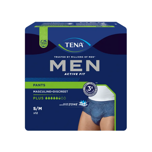 Die TENA Men Active Fit Pants Plus Inkontinenzpants, angeboten von TENA – Essity Deutschland GmbH, weisen eine dunkelblaue Verpackung mit grünen Akzenten auf, die ein maskulines und diskretes Design unterstreichen. Sie betonen „3x Schutz“ und „Plus Saugkraft“, um Harnverlust effektiv entgegenzuwirken, und die Packung enthält 12 Pants in Größe S/M.