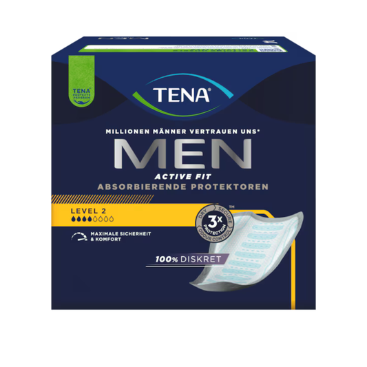 Eine Schachtel von Muster TENA Men Active Fit von TENA - Essity Germany GmbH zeigt eine blau-silberne Verpackung, ein Produktbild und einen Text, der maximale Sicherheit und Komfort für Männer mit Blasenschwäche betont.