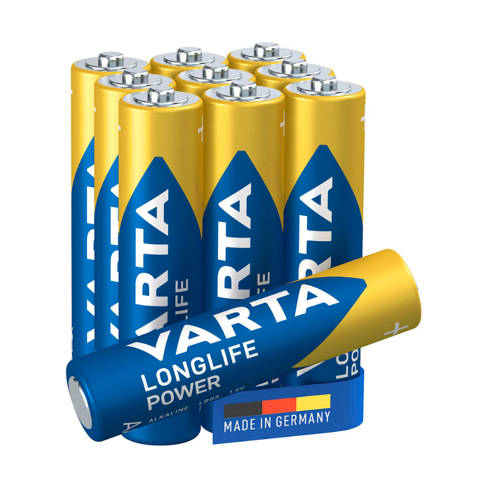 Eine Gruppe von zehn Varta Industrial Pro Micro Batterie 4003 LR03 AAA-Batterien, angeordnet in zwei Reihen, mit deutlich sichtbarem Markenzeichen der Varta AG und dem Zeichen „Made in Germany“.