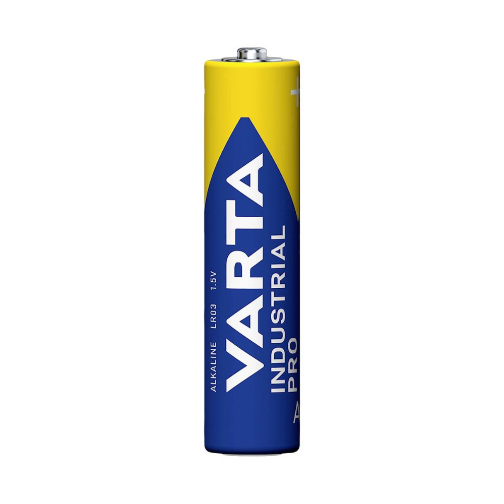 Eine Varta Industrial Pro Micro Batterie 4003 LR03 AAA – 10er-Pack | Packung (1 Stück), vertikal präsentiert mit einem blau-gelben Etikett mit dem Markennamen und Logo der Varta AG.