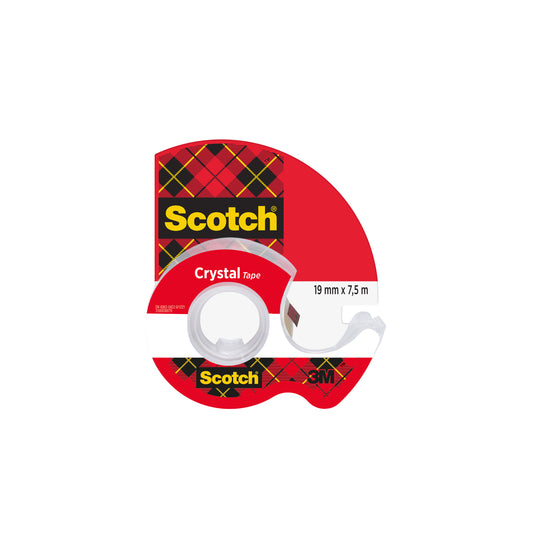 Das Scotch® Crystal Klebeband (19 mm x 7,5 m) der 3M Deutschland GmbH kommt in einem Handabroller aus Kunststoff mit roter Verpackung und gelb-schwarz kariertem Design. Das Etikett zeigt die Größe an und trägt das 3M-Logo. Enthält eine Rolle.