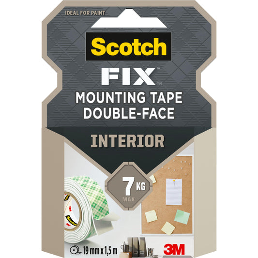 Eine Packung Scotch-FIX™ Doppelseitiges Innenmontageband von 3M Deutschland GmbH, trägt bis zu 7 kg, Rollengröße 19 mm x 1,5 m. Die Vorderseite zeigt Klebeband, Schreibtischartikel, eine Pinnwand und das 3M-Logo.