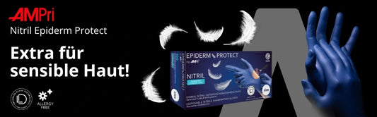 Werbegrafik für AMPri Nitril-Einmalhandschuhe „Epiderm Protect“ in Blau. Auf schwarzem Hintergrund sind eine Verpackung und angezogene Handschuhe zu sehen, umgeben von weißen Federn als Symbol für besondere Hautfreundlichkeit. Text: „Extra für sensible Haut!“, Logos für latexfrei und allergiefrei.
