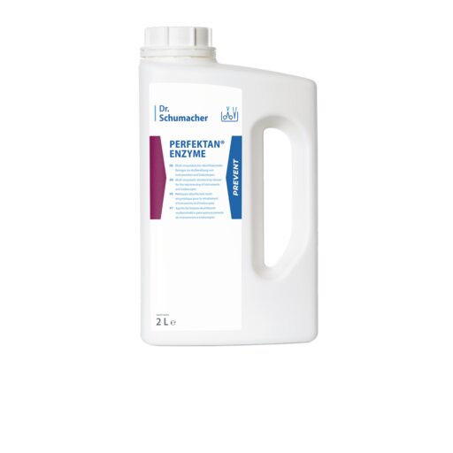Ein weißer 2-Liter-Kunststoffbehälter der Dr. Schumacher GmbH mit PERFEKTAN® ENZYME-Reiniger für die enzymatische Reinigung medizinischer Instrumente, mit Griff und Schraubverschluss; das Etikett zeigt blauen und violetten Text und Grafiken auf weißem Hintergrund.