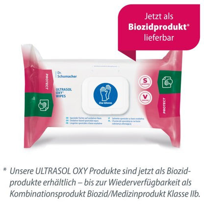 A package of Dr. Schumacher Ultrasol Oxy Wipes disinfectant wipes (108 wipes) features the blue "Use Gloves" symbol and indicates that it is a biocidal product, with the German text emphasizing its use on medical equipment.