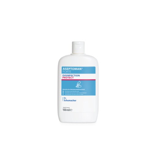 The Dr. Schumacher Aseptoman® forte hand disinfectant from Dr. Schumacher GmbH in the white 150 ml plastic bottle with a blue-pink label and flip-top closure contains a virucidal and skin-friendly liquid.