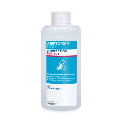 A 500 ml clear bottle of Dr. Schumacher GmbH Aseptoman® forte hand disinfectant, blue-white label, with a white flip-top closure.