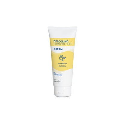The white-yellow 100 ml tube of the Dr. Schumacher DESCOLIND COMFORT LIGHT CREAM by Dr. Schumacher GmbH stands upright on a simple white background, ideal as a care cream for sensitive skin that provides intensive moisture.