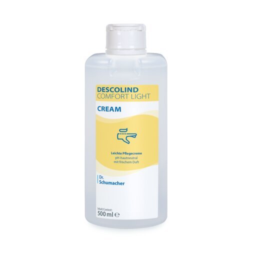 A 500 ml Dr. Schumacher GmbH DESCOLIND COMFORT LIGHT CREAM for sensitive skin, with a yellow-white label and a blue hand cream symbol.