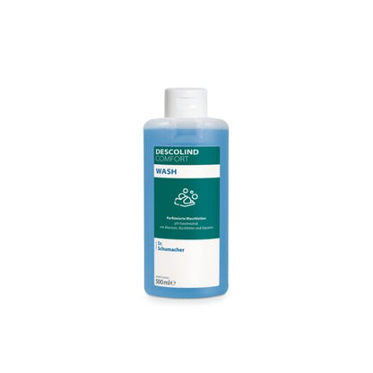 Eine 500ml Flasche Dr. Schumacher Waschlotion DESCOLIND COMFORT WASH der Dr. Schumacher GmbH mit weißem Verschluss, blauer Flüssigkeit und einem Etikett mit Allantoin und dem Dr. Schumacher Logo auf weißem Hintergrund.