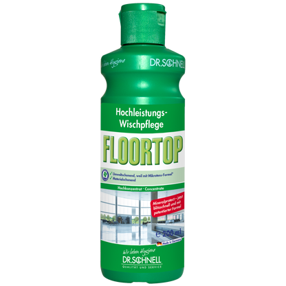 A green 1-liter plastic bottle of DR.SCHNELL GmbH & Co. KGaA Dr. Schnell Floortop Floor Cleaner Concentrate shows a clean floor image and a red label highlighting the new high-performance mopping care formula.