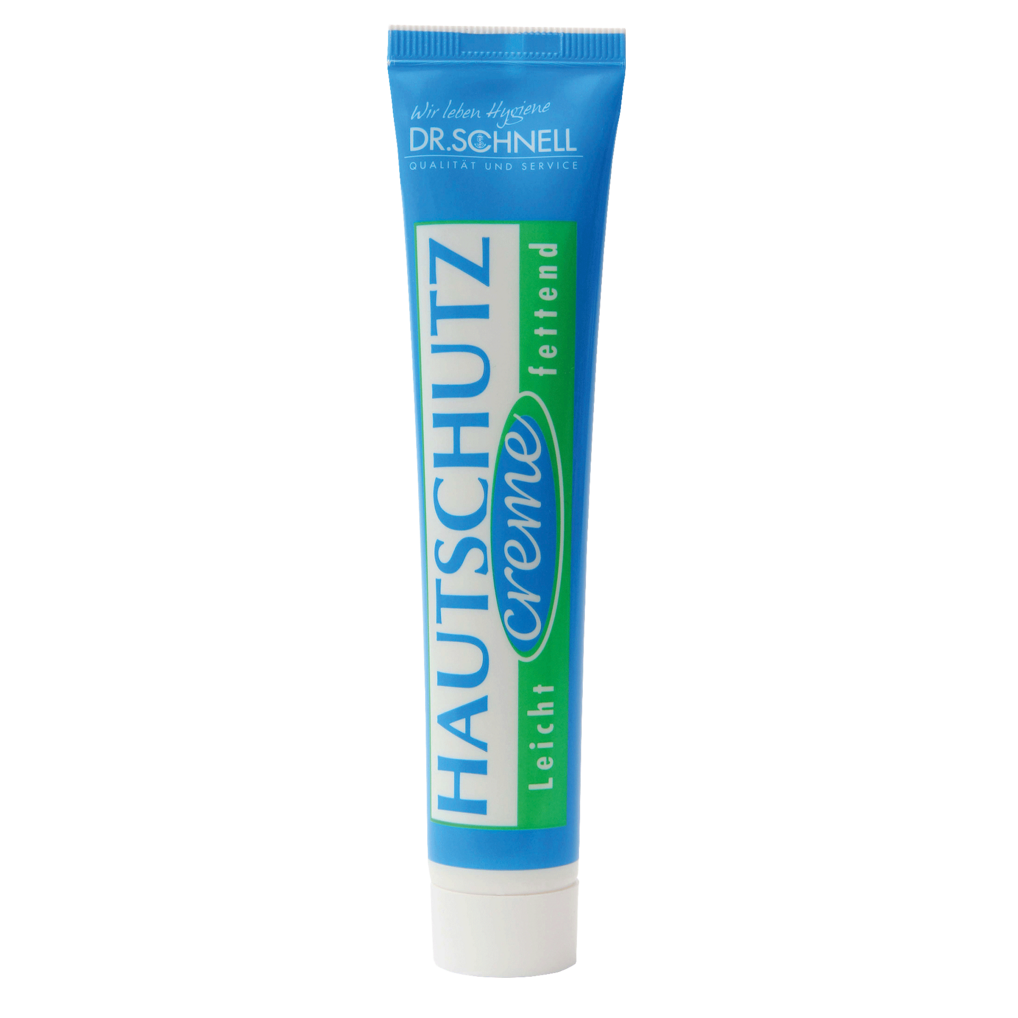Eine Tube der DR.SCHNELL GmbH & Co. KGaA DR.SCHNELL'S HAUTSCHUTZCREME (50 x 50 ml) in den Farben Blau, Grün und Weiß ist mit einer deutschen Aufschrift versehen, die sie als leichte Schutzcreme für die Haut kennzeichnet.