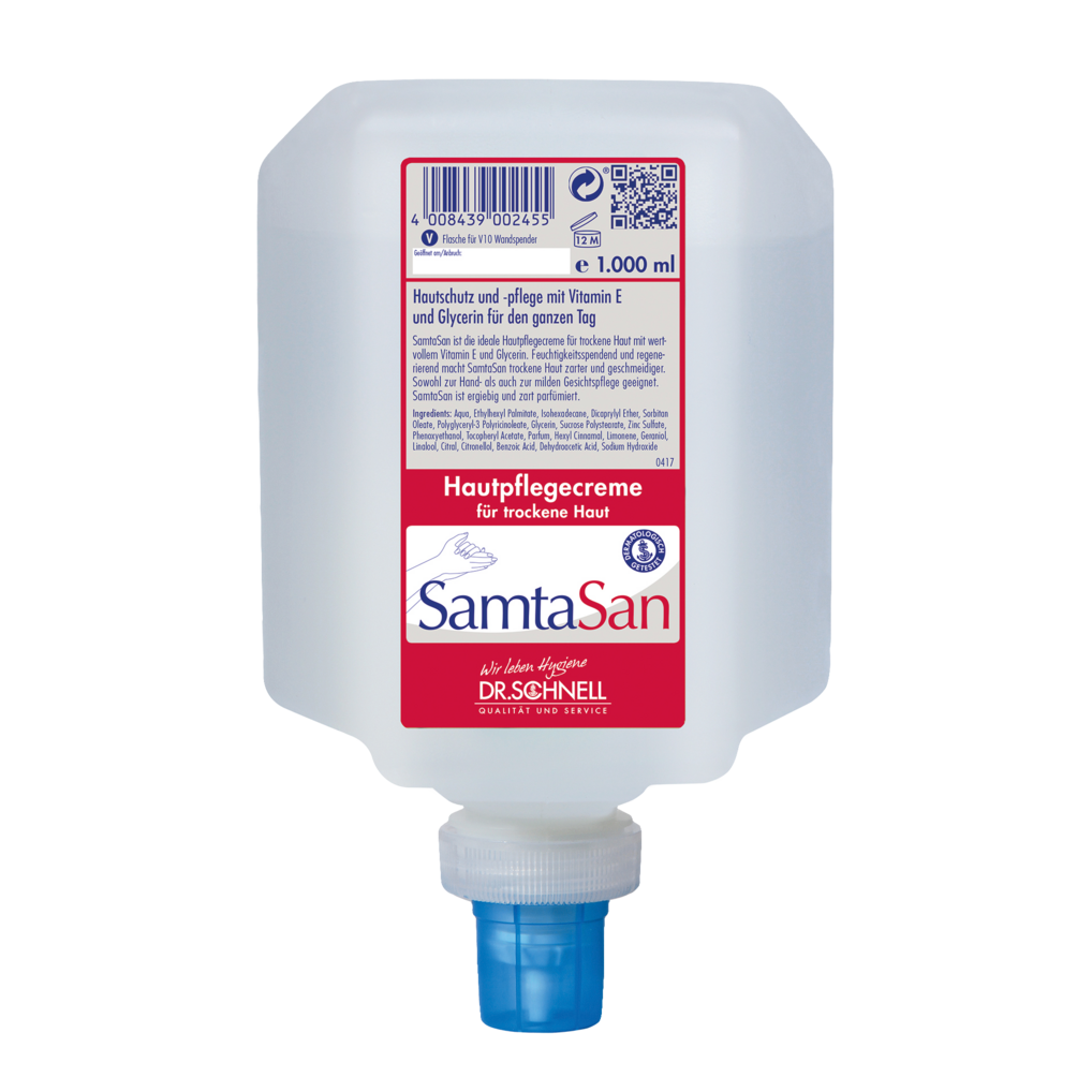 Die 1.000 ml Dr. Schnell SAMTASAN Spenderflaschen von DR.SCHNELL GmbH & Co. KGaA verfügt über ein rot-weißes deutsches Etikett, eine blaue Düse und ist ideal für die professionelle Reinigung und den Einsatz mit Reinigungswerkzeugen.