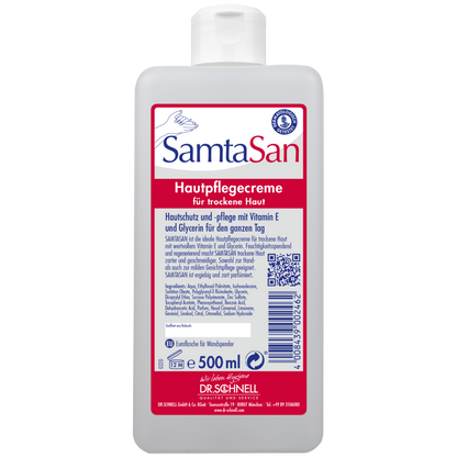 Die 500 ml DR.SCHNELL GmbH & Co. KGaA Dr. Schnell SAMTASAN Spenderflaschen ist eine weiße Pflegecreme für trockene Haut, mit Flip-Top-Verschluss und deutschem Etikett, ideal für die professionelle Reinigung und die Verwendung mit Reinigungsgeräten.