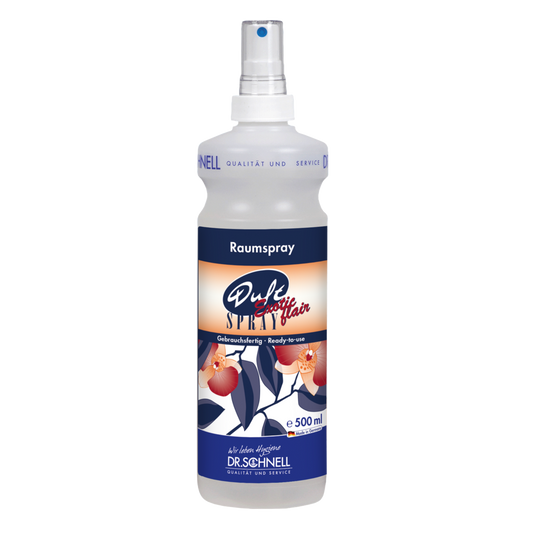 Eine 500ml Flasche DR.SCHNELL DUFTSPRAY EXOTIC FLAIR von DR.SCHNELL GmbH & Co. KGaA, ideal für orientalische Raumfrische in der Gebäudereinigung, abgebildet mit floralem blau-weißem Etikett und klarem Sprühkopf auf weißem Grund.