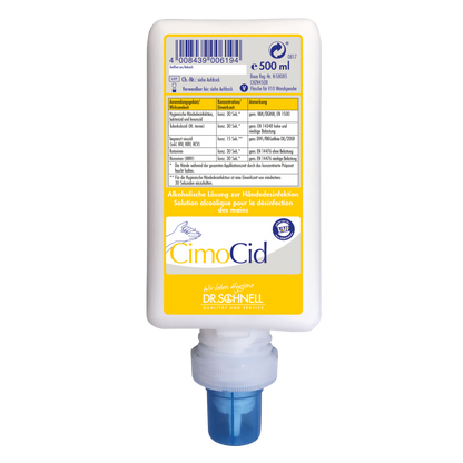 Eine 500 ml Flasche Dr. Schnell CIMOCID Alkoholische Händedesinfektion der DR.SCHNELL GmbH & Co. KGaA, mit einer blauen Pumpe und einem weißen Etikett mit Produktinformationen und Anwendungshinweisen in mehreren Sprachen.