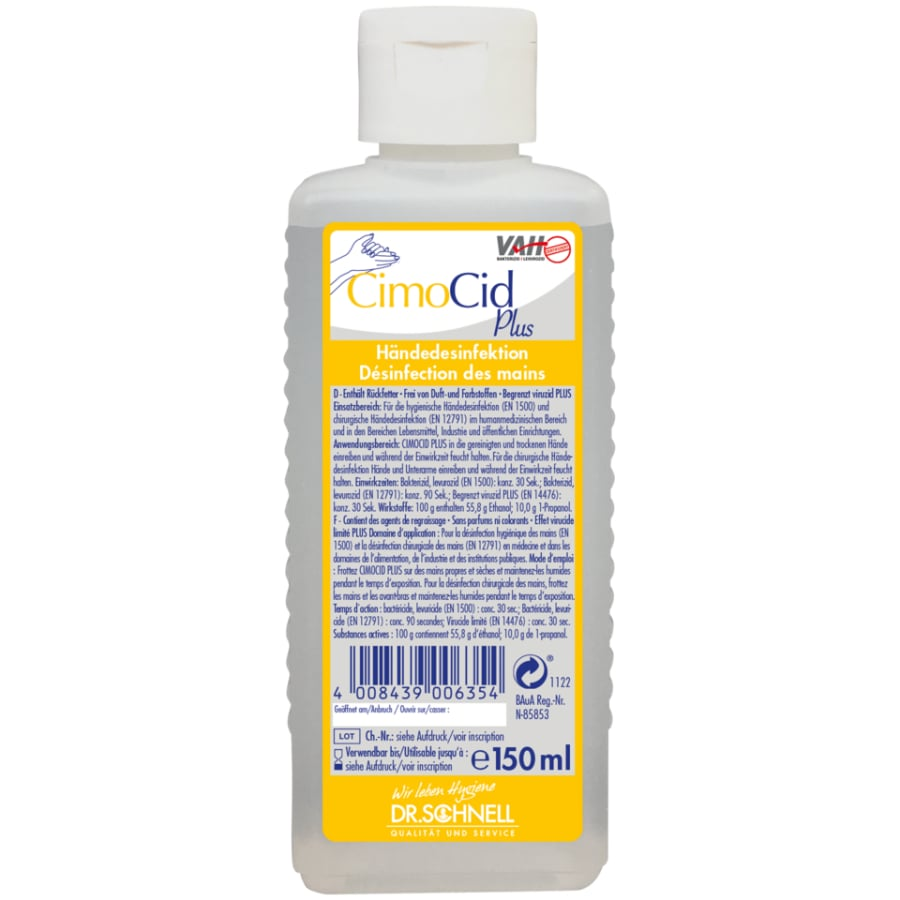 Eine 150ml Flasche Dr. Schnell CIMOCID PLUS Händedesinfektion der DR.SCHNELL GmbH & Co. KGaA, mit weißem Verschluss und gelb-weißem Etikett mit deutschen und französischen Angaben sowie blauer und oranger Schrift.