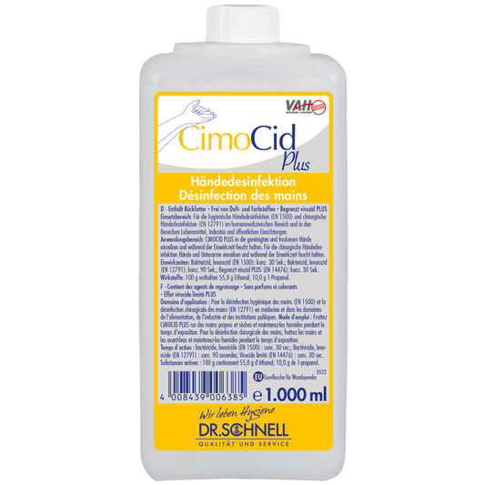 Eine 1.000 ml Flasche Dr. Schnell CIMOCID PLUS Händedesinfektion der DR.SCHNELL GmbH & Co. KGaA mit weißer Kappe und gelb-blauem Etikett mit Produktangaben in Deutsch und Französisch.
