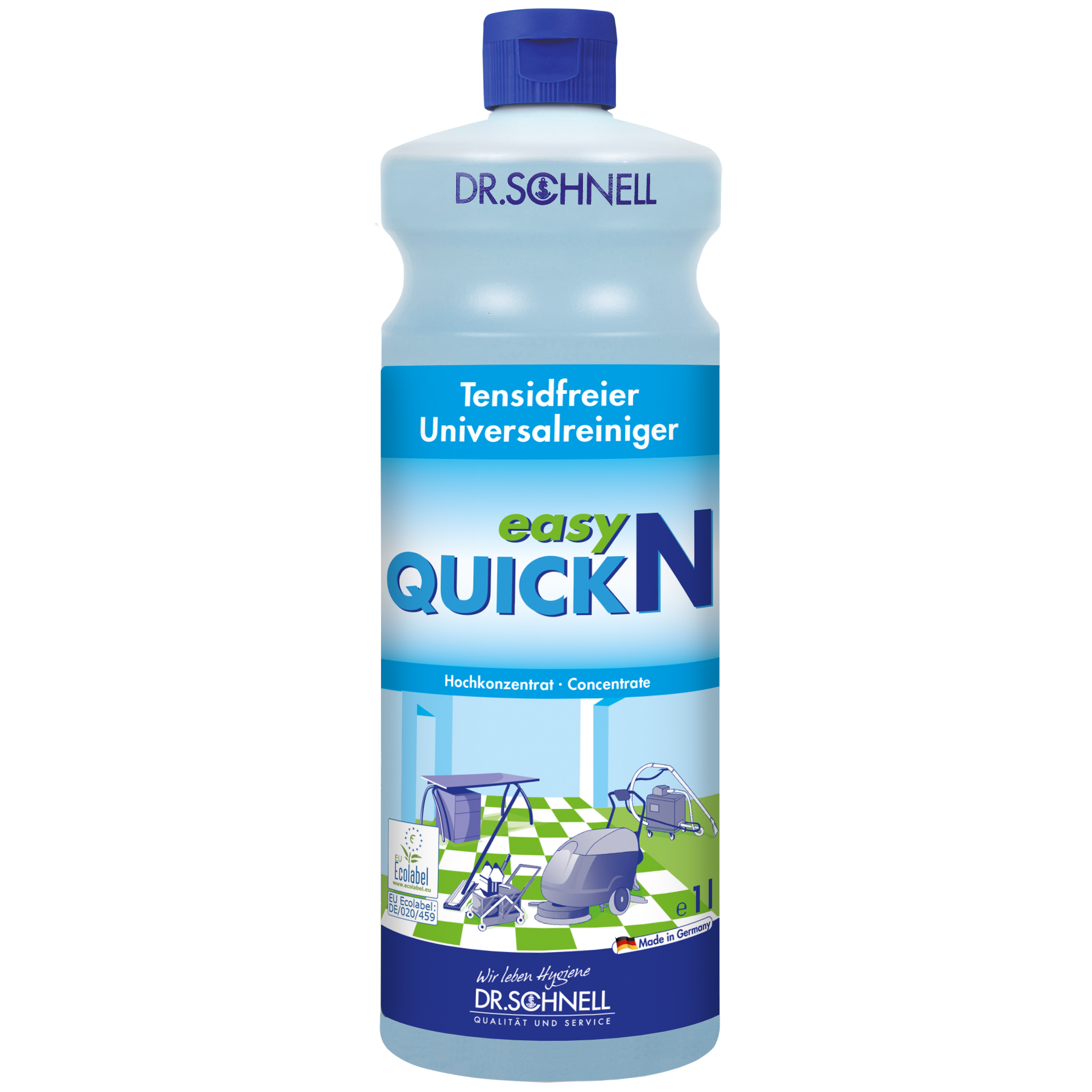 Eine Flasche Dr. Schnell EASY QUICK von DR.SCHNELL GmbH & Co. KGaA hat einen blauen Verschluss und ein deutsches Etikett mit Reinigungsgeräten und -flächen, das zeigt, dass es sich um ein konzentriertes, vielseitiges Reinigungsmittel für den professionellen Einsatz handelt.