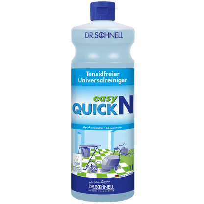 A bottle Dr. Schnell EASY QUICK by DR.SCHNELL GmbH & Co. KGaA has a blue cap and a German label with cleaning equipment and surfaces, indicating that it is a concentrated, versatile cleaning agent for professional use.