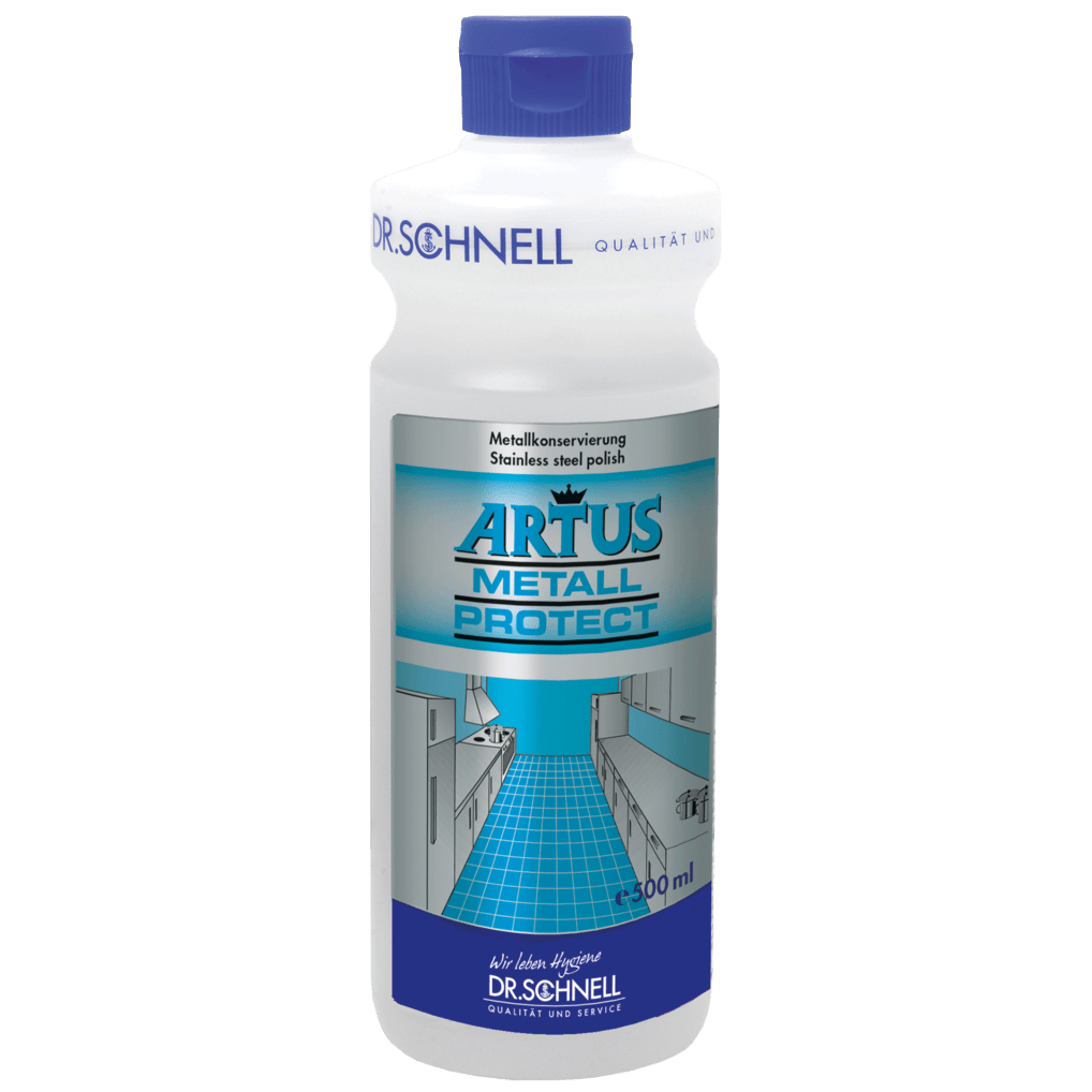 White 500 ml plastic bottle with blue cap from Dr. Schnell ARTUS METALL PROTECT, a ready-to-use surface metal protection agent for building cleaning by DR.SCHNELL GmbH & Co. KGaA; the label shows an illustrated kitchen with shiny metal surfaces.