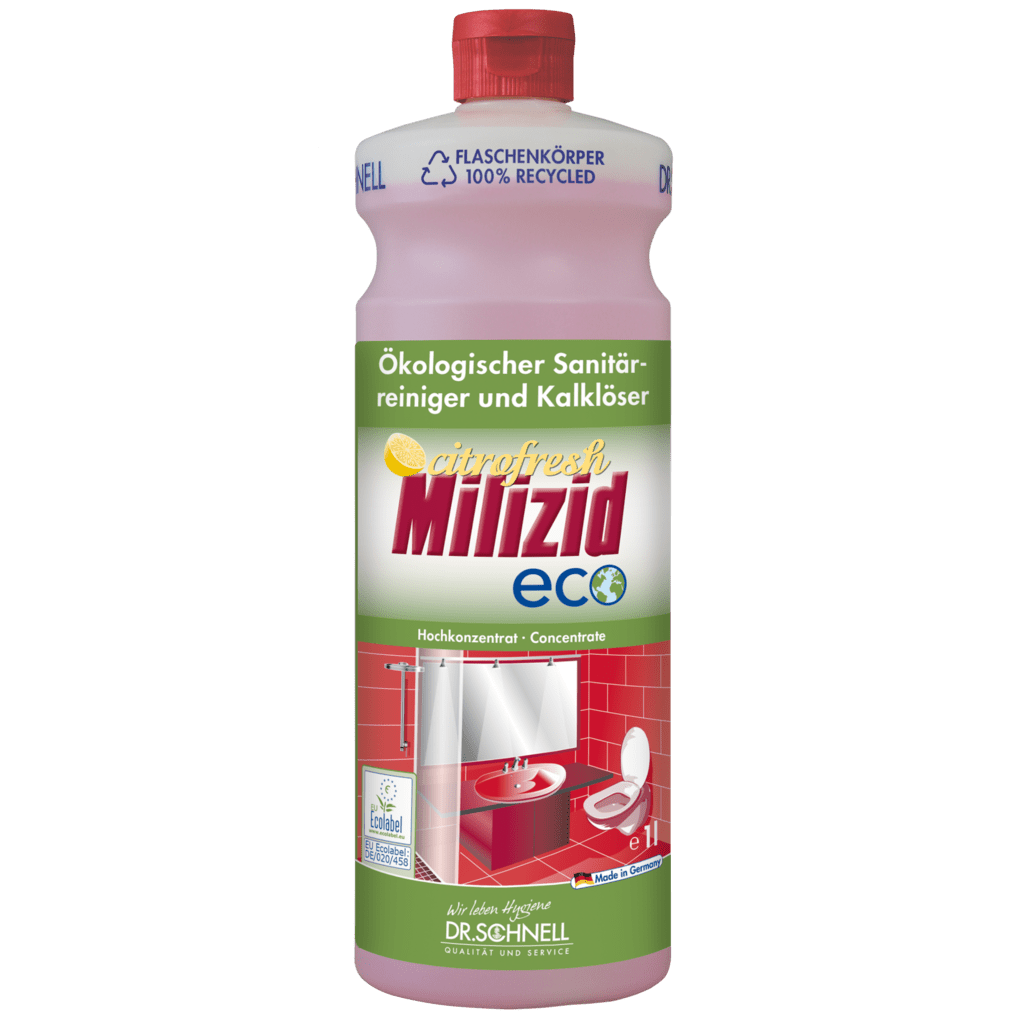 A 1-liter bottle of Dr. Schnell MILIZID CITROFRESH ECO sanitary cleaner by DR.SCHNELL GmbH & Co. KGaA, with a red cap, green and yellow label, and an image of a red-tiled washroom with a sink and toilet.