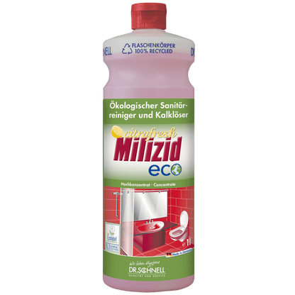 A 1-liter bottle of Dr. Schnell MILIZID CITROFRESH ECO sanitary cleaner by DR.SCHNELL GmbH & Co. KGaA, with a red cap, green and yellow label, and an image of a red-tiled washroom with a sink and toilet.