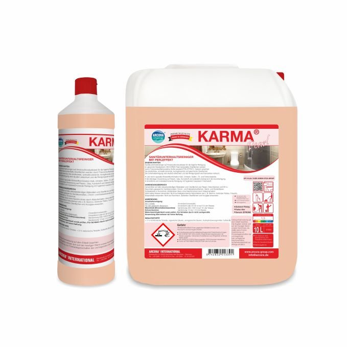 Two containers of Arcora KARMA PEARL SANITARY MAINTENANCE CLEANER WITH PEARL EFFECT from Arcora International GmbH, a tall bottle with a red cap and a large white canister, both equipped with red and white labels containing product information and hazard symbols.
