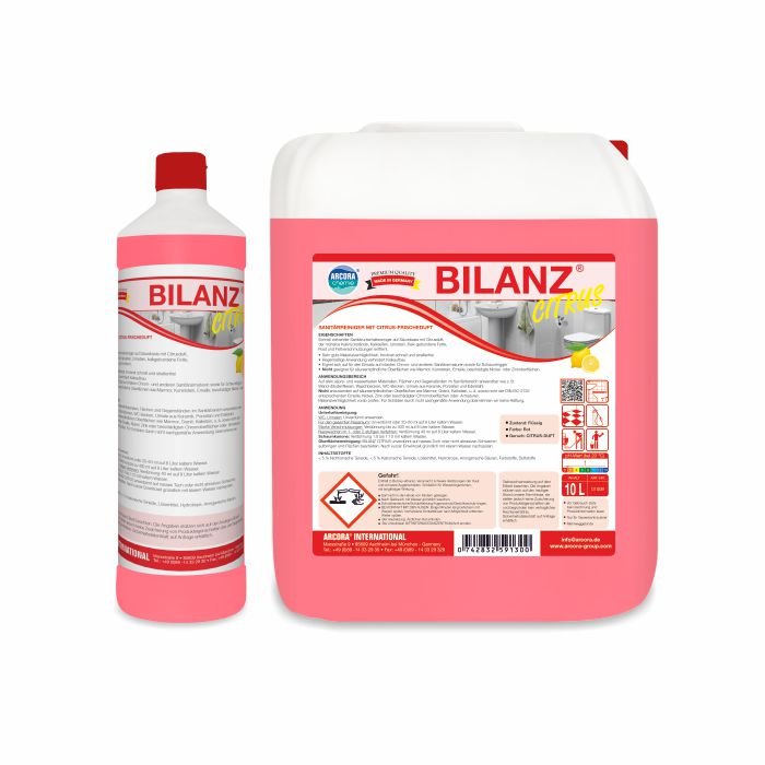 Two containers of Arcora BILANZ CITRUS SANITARY CLEANER WITH CITRUS FRESH SCENT from Arcora International GmbH, with red and white labels, provide powerful cleaning and a fresh citrus scent for your home.
