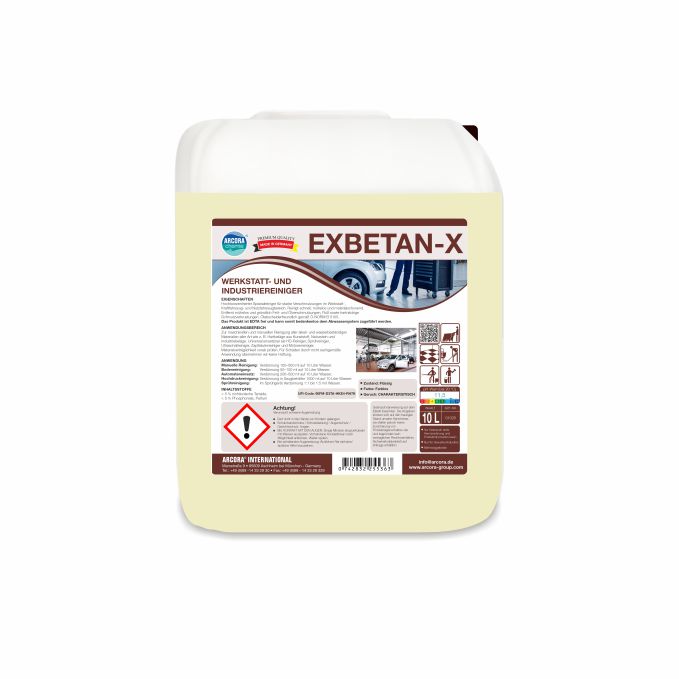 Ein weißer 10-Liter-Kanister mit der Aufschrift "Arcora Exbetan-X Werkstatt- und Industriereiniger" von Arcora International GmbH, mit Produktangaben, Barcode, Sicherheitspiktogrammen und Warnsymbolen für die Industrie- und Werkstattreinigung.