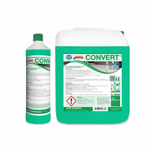 Two containers of Arcora CONVERT MULTIFUNCTIONAL FLOOR CARE WITH SELF-GLOSS EFFECT from Arcora International GmbH - a tall bottle and a large canister - are labeled with symbols highlighting the benefits of multifunctional floor cleaning and self-gloss.