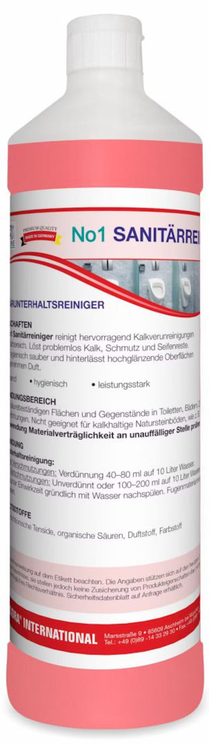 A bottle of Arcora No1 sanitary cleaner maintenance cleaner from Arcora International GmbH, pink, with a German label containing ingredients, application instructions, and safety instructions for cleaning sanitary facilities.