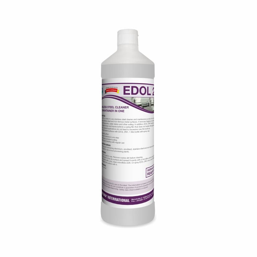 A white plastic bottle with a white cap labeled "Arcora Edol 2In1 Stainless Steel Cleaner And Care In One" from Arcora International GmbH stands upright against a white background. The label on the front contains product information and instructions.