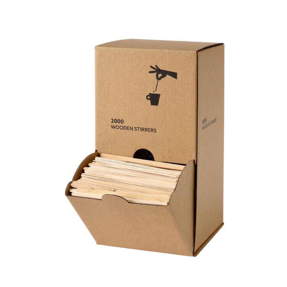 A box from Duni GmbH with the label "Duni wooden stir sticks in dispenser box 110 mm | Package (2000 pieces)" is open at the bottom, revealing numerous wooden stir sticks. An illustration shows a hand placing a stir stick into a cup.