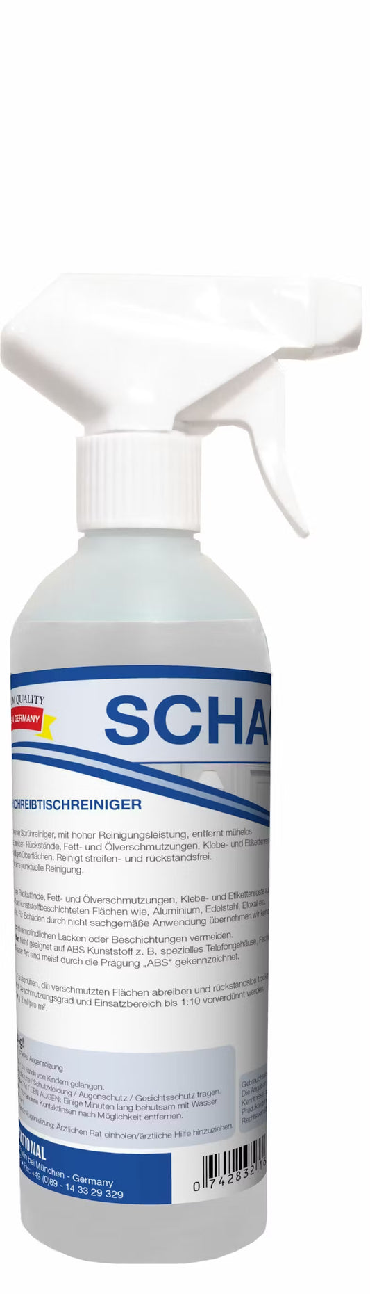 Weiße Sprühflasche mit der Aufschrift "Arcora schachmatt 500ml Kunststoff- und Schreibtischreiniger" von Arcora International GmbH, mit Verwendungs- und Sicherheitsinformationen - ideal für die Reinigung von Schreibtischen und Kunststoffoberflächen; erhältlich in Kartons zu 20 Stück.