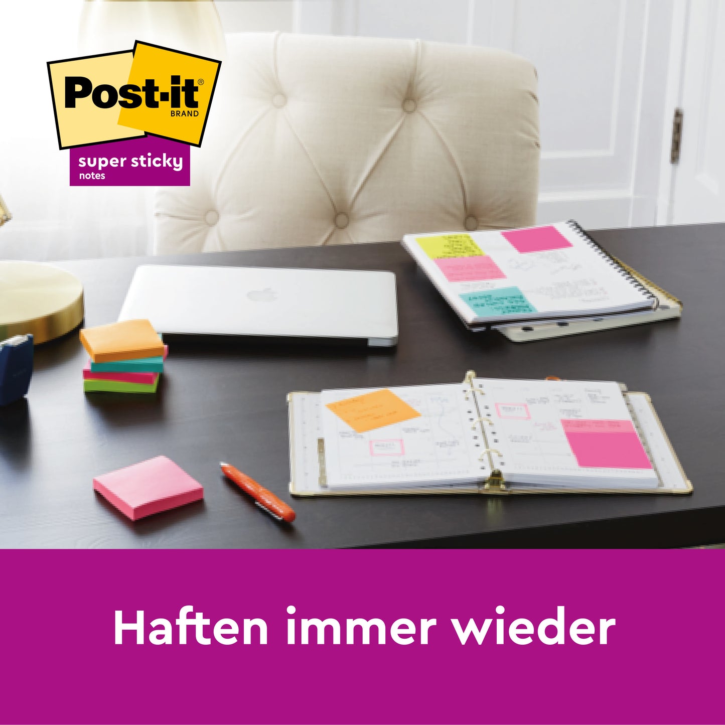A desk displays a planner and a spiral notebook with colorful Post-it® Super Sticky 100% Recycled Notes (76x76 mm, 70 sheets/block, 3M Deutschland GmbH), a closed laptop, stacked sticky note pads, a pen, and a lamp. Text: "Stick again and again.