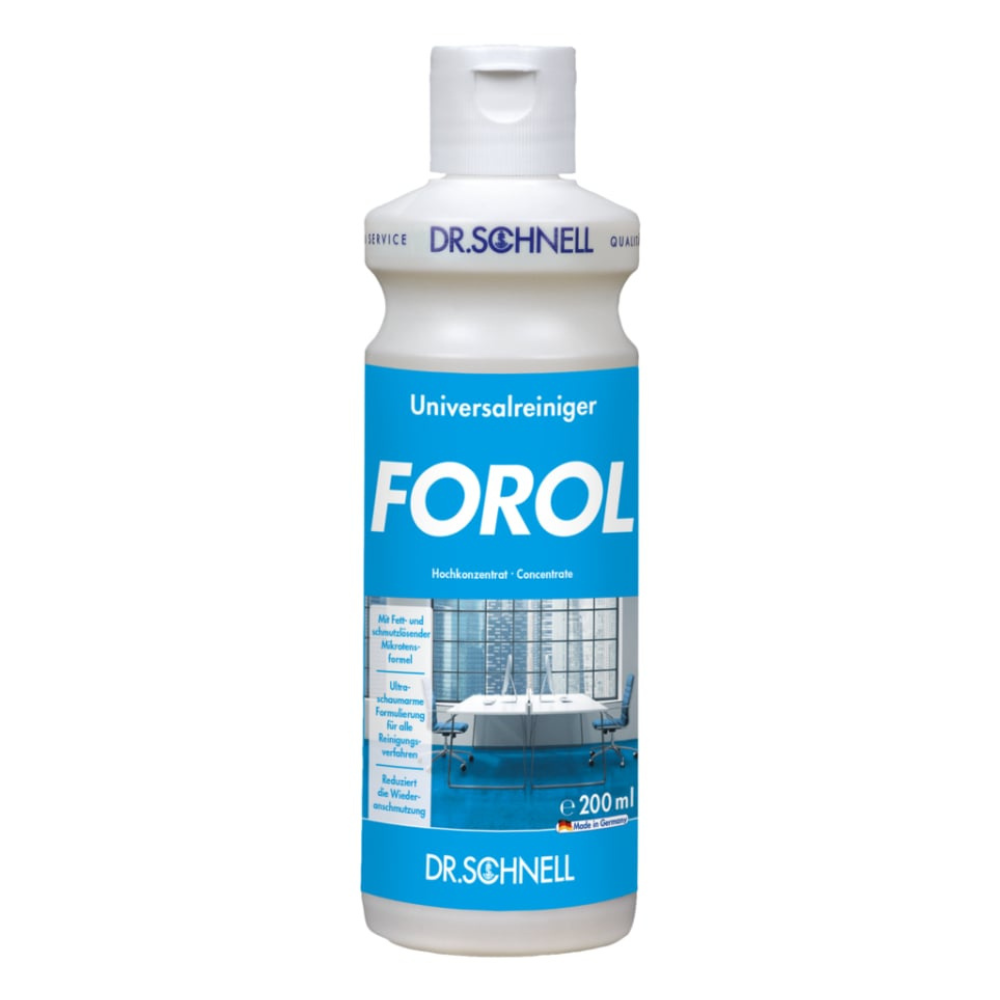 A white 200 ml plastic bottle Dr. Schnell Forol Universal Cleaner Surface Concentrate from DR.SCHNELL GmbH & Co. KGaA, with a blue label and cleanroom image. Suitable for various surfaces due to its excellent material compatibility.
