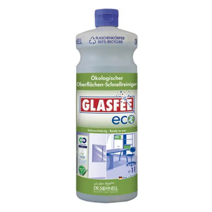 Dr. Schnell GlasFee Eco surface cleaner from DR.SCHNELL GmbH & Co. KGaA comes in a bottle with a green-white label and blue cap, is environmentally friendly, ready-to-use, and certified with the EU Ecolabel as an environmentally friendly all-purpose cleaner.