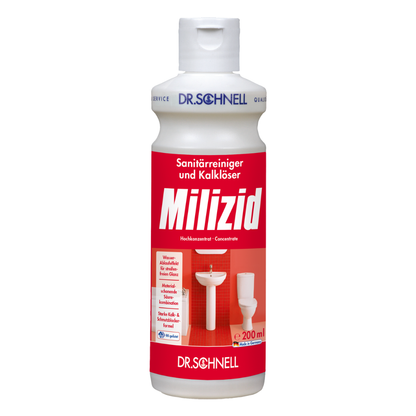 The white bottle of Dr. Schnell Milizid sanitary cleaner and descaler from DR.SCHNELL GmbH & Co. KGaA features a red-white label with images of a toilet and a sink, along with German text about this effective sanitary cleaner.