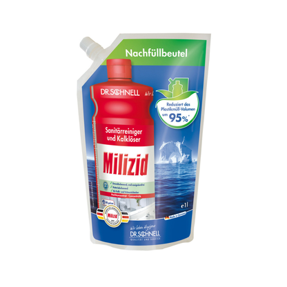 A refill pouch of Dr. Schnell Milizid sanitary cleaner and descaler from DR.SCHNELL GmbH & Co. KGaA, with a red-white label, green cap, and German text noting 95% less plastic volume.