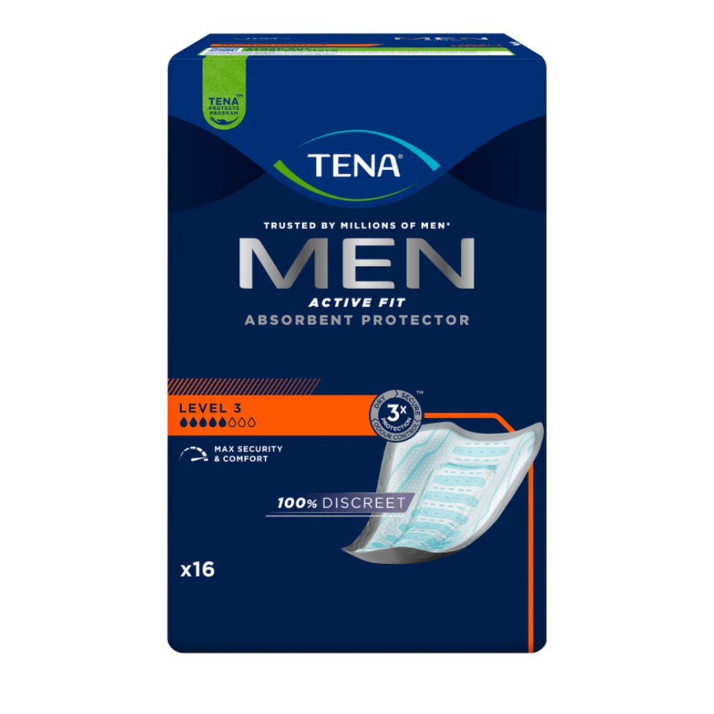 Eine Packung Muster TENA Men Level 3 RX von TENA - Essity Germany GmbH (1 Stück) in Dunkelblau mit hellblauen und orangefarbenen Akzenten bietet diskrete, sichere Unterstützung bei männlicher Blasenschwäche.