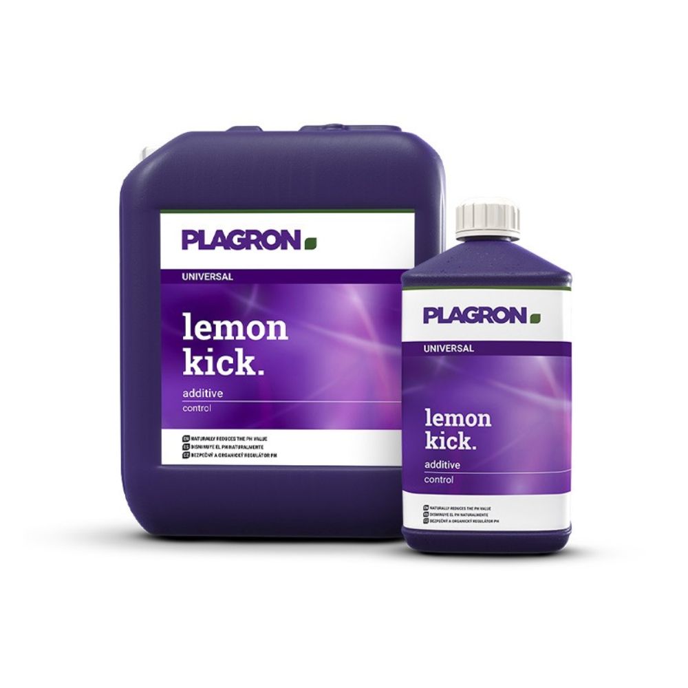 Against a white background, two containers with Plagron Lemon Kick pH regulator from Bertels B.V. are depicted: The larger one is a dark purple canister, the smaller one is a matching bottle, both labeled with the product name and a description in white lettering.