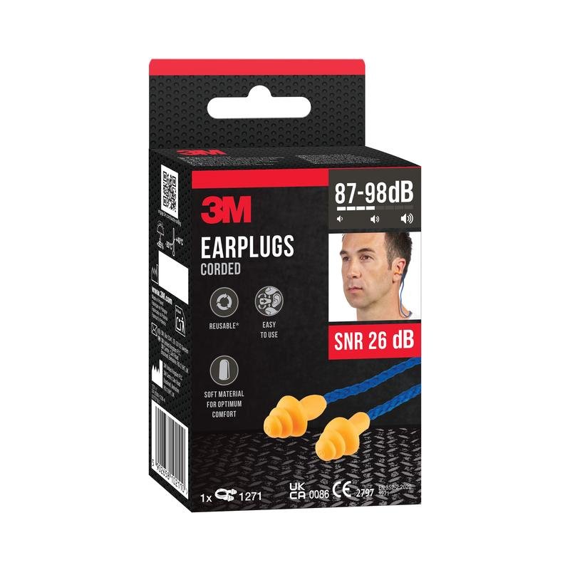 A package of 3M™ Earplugs with Cord 1271 (SNR 26 dB, orange, Triple-Flange Design, reusable) from 3M Deutschland GmbH. The packaging shows product illustration, earplug graphic, and various feature icons.