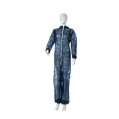 A white mannequin displays the MED-COMFORT PP overall with a stand-up collar in blue from AMPri Handelsgesellschaft mbH, a full-body overall with long sleeves and a front zipper, in front of a plain white background.