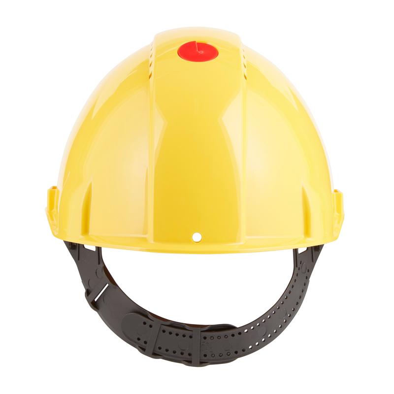 The 3M™ G3000C Uvicator safety helmet from 3M Deutschland GmbH is depicted in yellow, with a black, adjustable strap and a red Uvicator button on the top, against a white background.