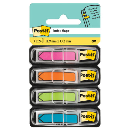 A pack of Post-it® Index Arrows from 3M Deutschland GmbH contains four dispensers, each with 24 flags (11.9 x 43.2 mm) in the colors pink, orange, green, and blue. Both the Post-it® and the 3M logo are depicted on the label.