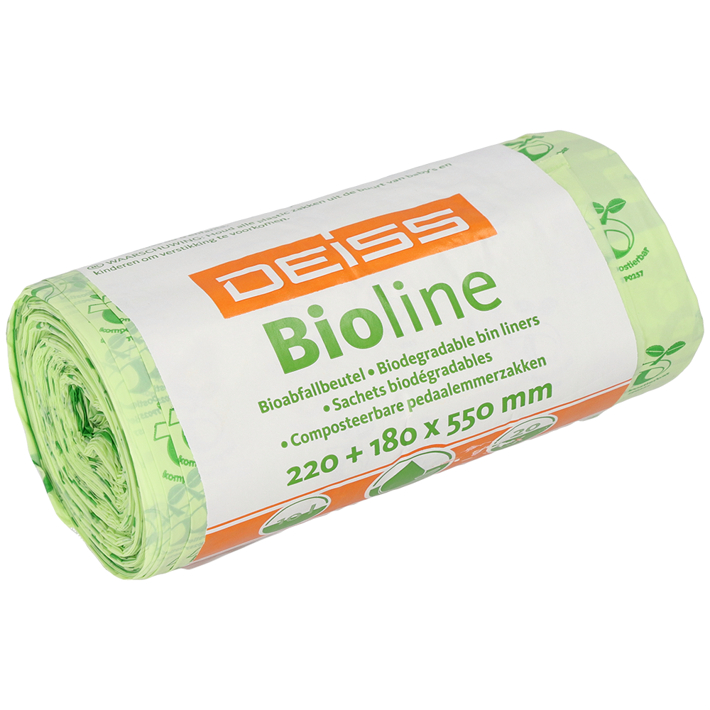 Eine Rolle EMIL DEISS KG (GmbH + Co.) DEISS BIOLINE Müllbeutel, Biofolie, 10 L, Natur, 220+180x550x0,018 mm (20 Beutel), in grüner Verpackung mit mehrsprachiger Beschriftung.