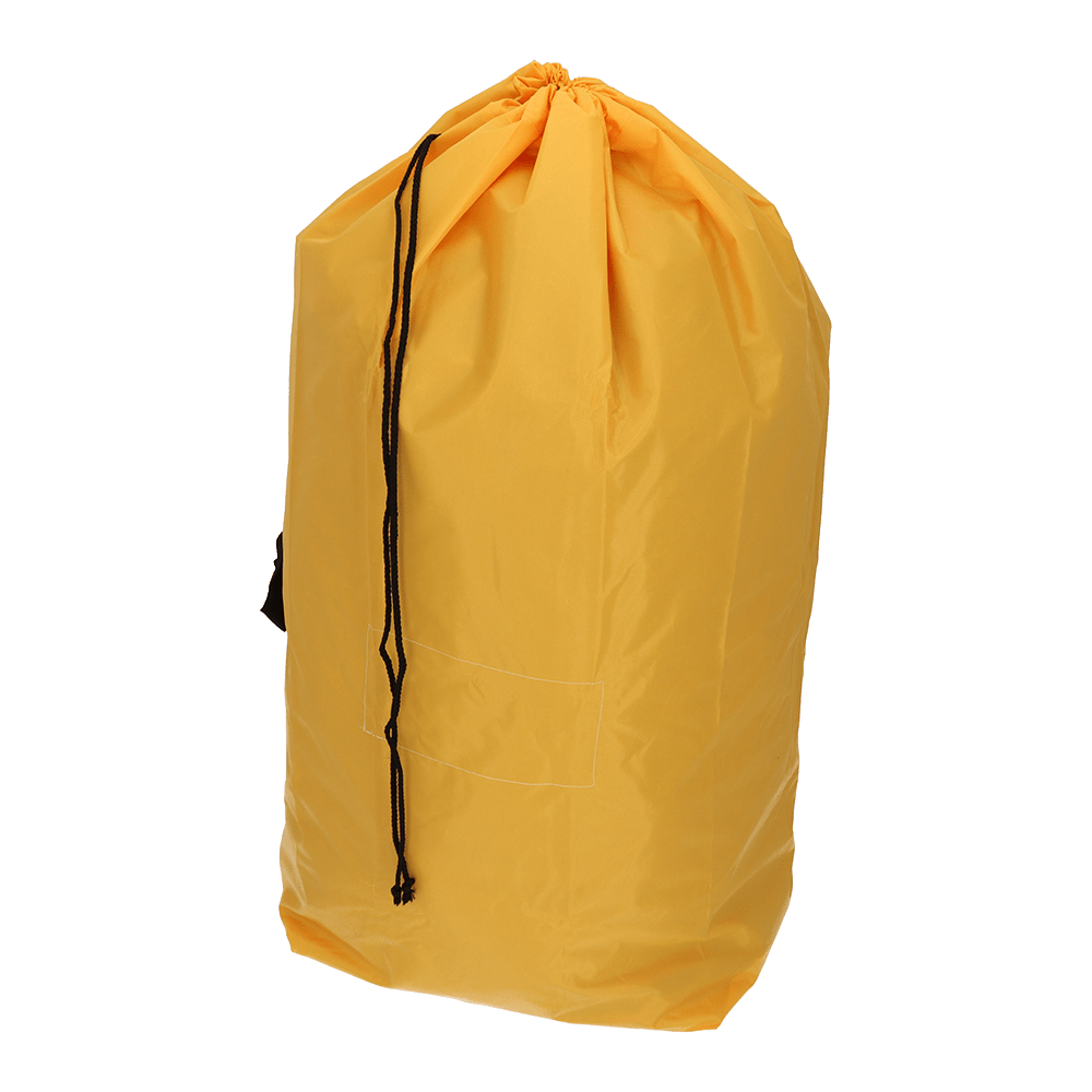 A large yellow EMIL DEISS KG (GmbH + Co.) DEISS 6507 reusable garbage bag 700x1100 mm, package (1 piece), stands upright with black drawstrings and a small front patch, perfect for environmentally friendly waste disposal.
