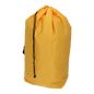 A large yellow EMIL DEISS KG (GmbH + Co.) DEISS 6507 reusable garbage bag 700x1100 mm, package (1 piece), stands upright with black drawstrings and a small front patch, perfect for environmentally friendly waste disposal.
